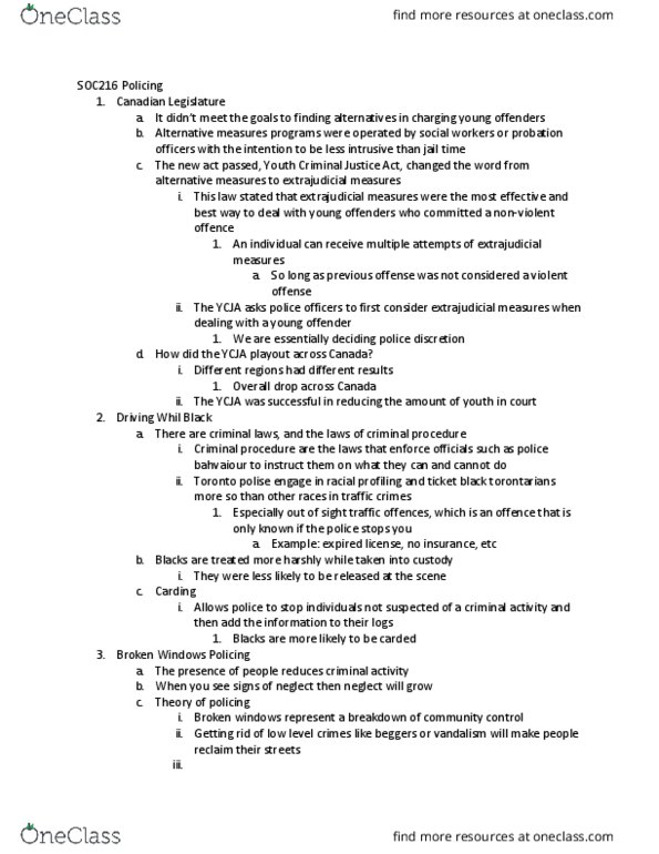 SOC216H5 Lecture Notes - Lecture 11: Youth Criminal Justice Act, Criminal Procedure thumbnail