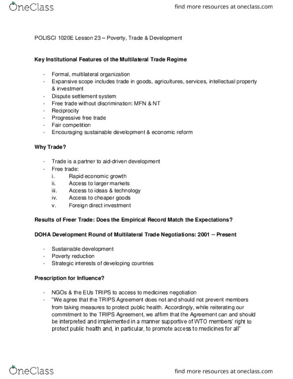 Political Science 1020E Lecture Notes - Lecture 23: Doha Development Round, Trips Agreement, Poverty Reduction thumbnail