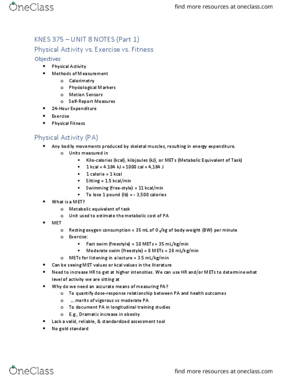 KNES 375 Chapter Notes - Chapter 8: Metabolic Equivalent, Joule, Calorimetry thumbnail