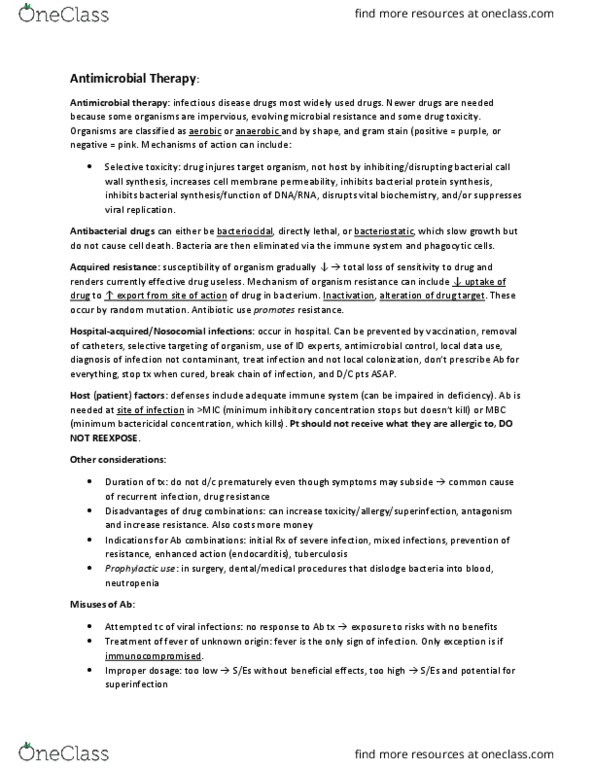 PHA 3112 Lecture Notes - Lecture 10: Minimum Inhibitory Concentration, Drug Resistance, Gram Staining thumbnail