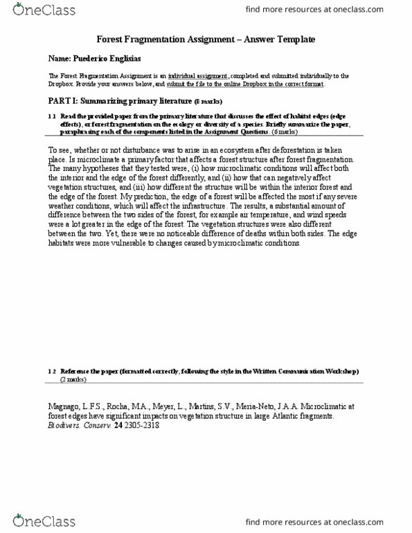 BIOL 1070 Lecture Notes - Lecture 5: Habitat Fragmentation, Grid Systems Corporation, Biotic Component thumbnail