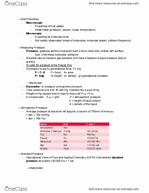 CHEM 1000 Chapter Notes - Chapter 5: Collision Frequency, Barometer, Pressure Measurement thumbnail