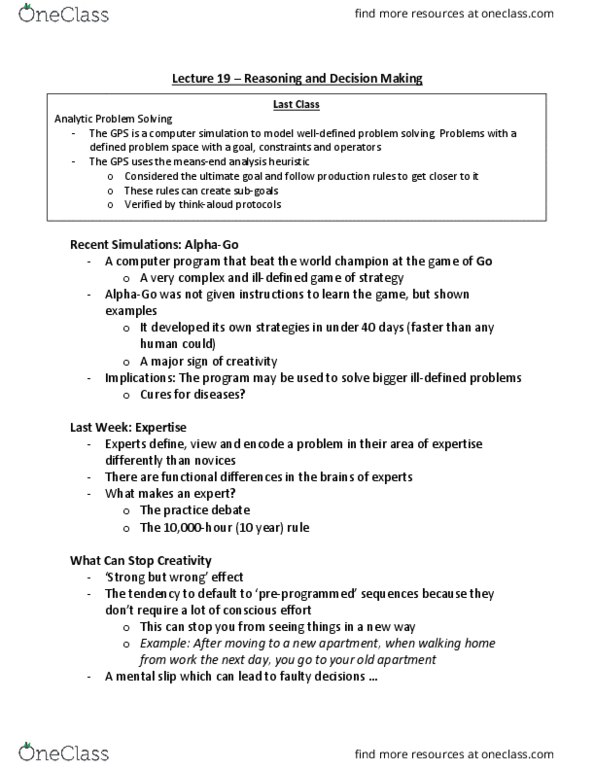 PSYC 213 Lecture Notes - Lecture 19: Alphago, Mental Models, Mental Model thumbnail