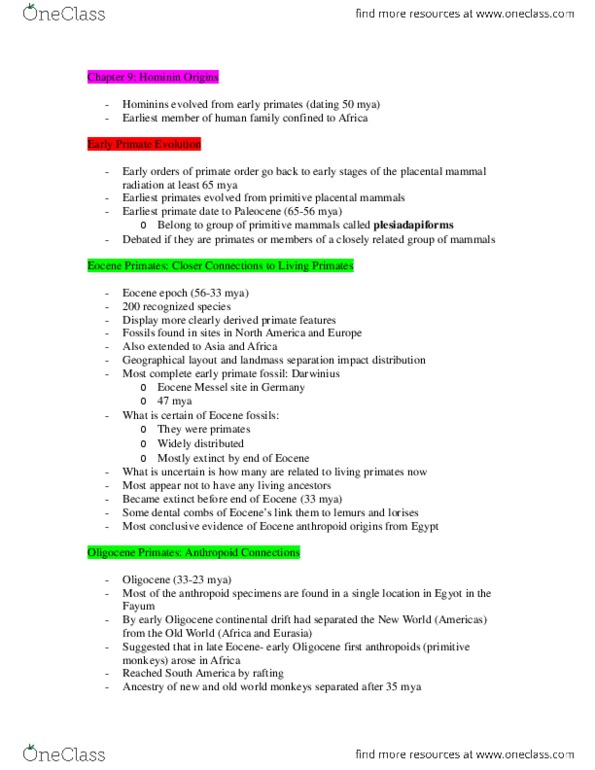 ANT101H5 Chapter Notes - Chapter 9: Darwinius, Acheulean, Oldowan thumbnail