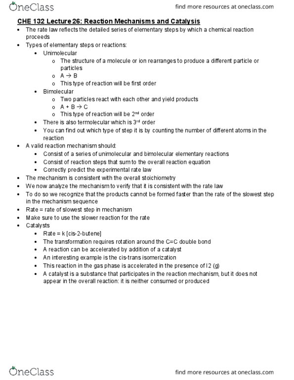 CHE 132 Lecture Notes - Lecture 29: Reaction Mechanism, Molecularity, Rate Equation cover image