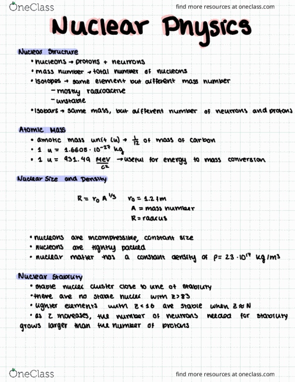 PHYA22H3 Lecture Notes - Lecture 25: Nuclear Matter, Charge Radius, Nuclear Structure cover image