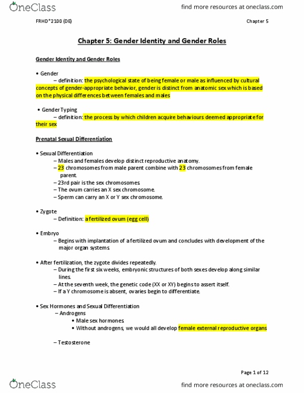 FRHD 2100 Lecture Notes - Lecture 7: X Chromosome, Sexual Differentiation, Y Chromosome thumbnail