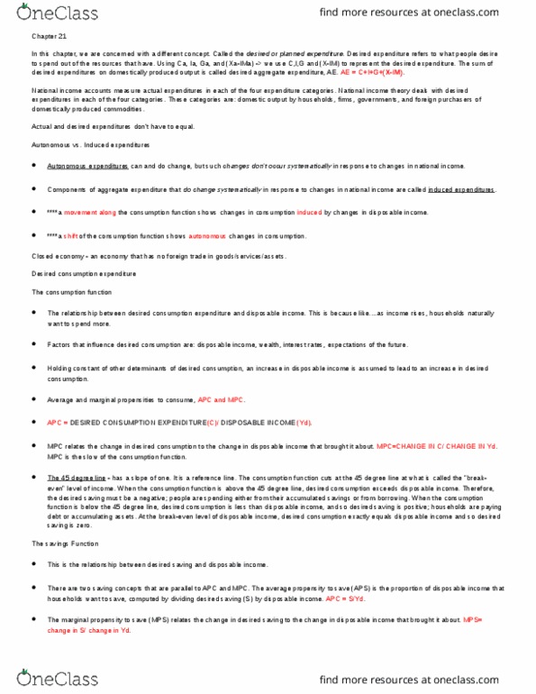 ECO100Y5 Chapter Notes - Chapter 21: Real Interest Rate, National Income And Product Accounts, Consumption Function thumbnail