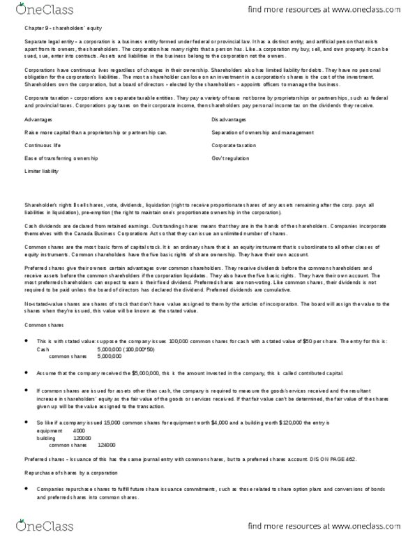 MGT120H5 Chapter Notes - Chapter 9: Canada Business Corporations Act, Share Repurchase, Legal Personality thumbnail