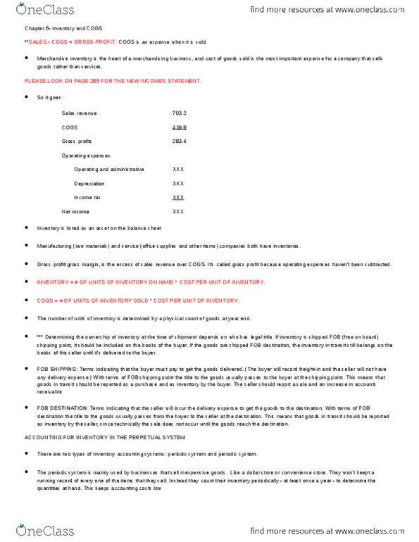 MGT120H5 Chapter Notes - Chapter 6: Gross Profit, Gross Margin, Weighted Arithmetic Mean thumbnail