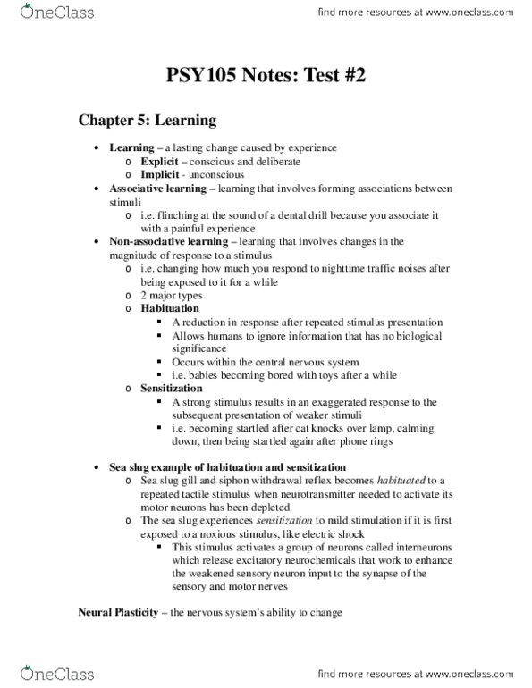 PSY 105 Chapter Notes - Chapter 5: Habituation thumbnail