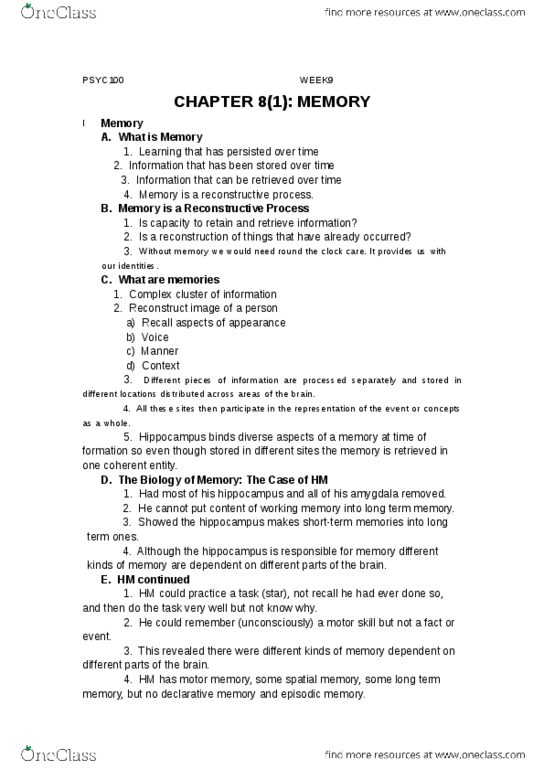 PSYC 100 Lecture Notes - Long-Term Memory, Sensory Memory, Spatial Memory thumbnail