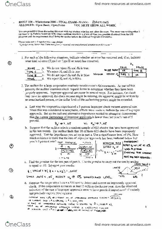 BMGT 230 Final: Final Exam - OneClass