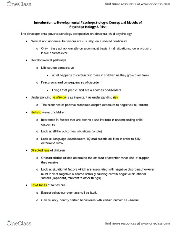 Psychology 2320A/B Lecture Notes - Developmental Psychopathology, Longitudinal Study, Psychopathology thumbnail