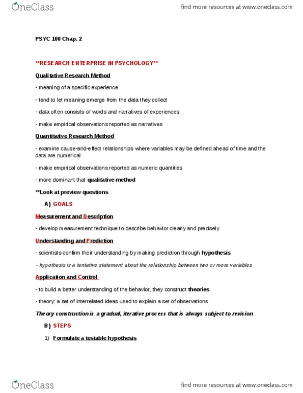 PSYC 100 Chapter Notes - Chapter 2: Naturalistic Observation, Dependent And Independent Variables, Field Experiment thumbnail