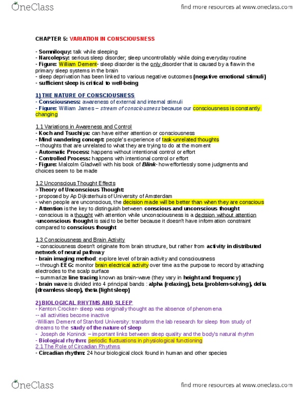 PSYC 100 Chapter Notes - Chapter 5: Non-Rapid Eye Movement Sleep, William C. Dement, Slow-Wave Sleep thumbnail