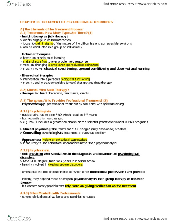 PSYC 100 Chapter Notes - Chapter 15: Relationship Counseling, Electroconvulsive Therapy, Aversion Therapy thumbnail