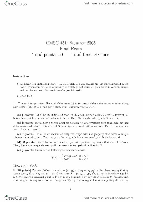 CMSC 451 Final: Final Exam - OneClass