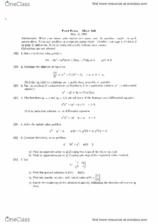 MATH 246 Final: Final Exam - OneClass