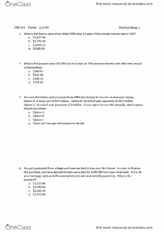 FIN 301 Final: Final Exam - OneClass