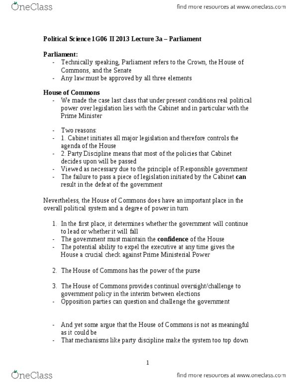 POLSCI 1G06 Lecture Notes - Responsible Government, Charlottetown Accord thumbnail