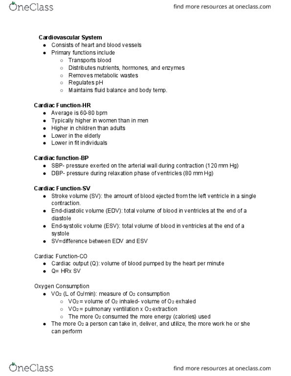 HSC 232 Lecture Notes - Lecture 10: Breathing, Cardiac Output, Stroke Volume thumbnail