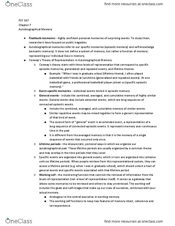 PSY 367 Chapter Notes - Chapter 7: Autobiographical Memory, Episodic Memory, Psy thumbnail