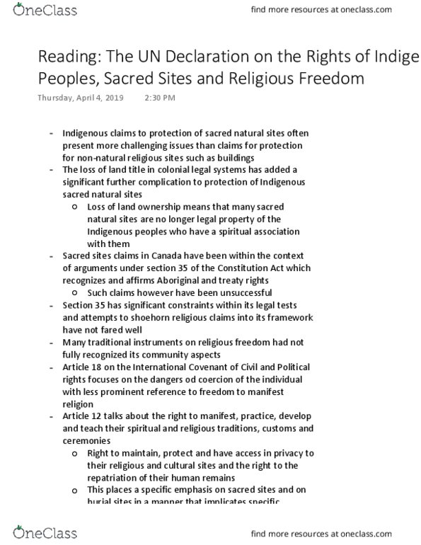 RELG 370 Chapter Notes - Chapter reading: Ethnic Religion, Legal Tests thumbnail