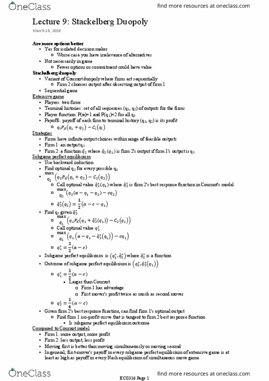 ECO316H1 Lecture Notes - Lecture 9: Subgame Perfect Equilibrium, Subgame, Nash Equilibrium thumbnail