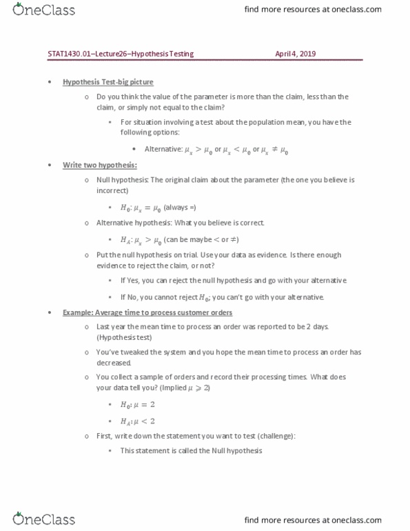 STAT 1430 Lecture Notes - Lecture 26: Null Hypothesis, Alternative Hypothesis, Confidence Interval thumbnail