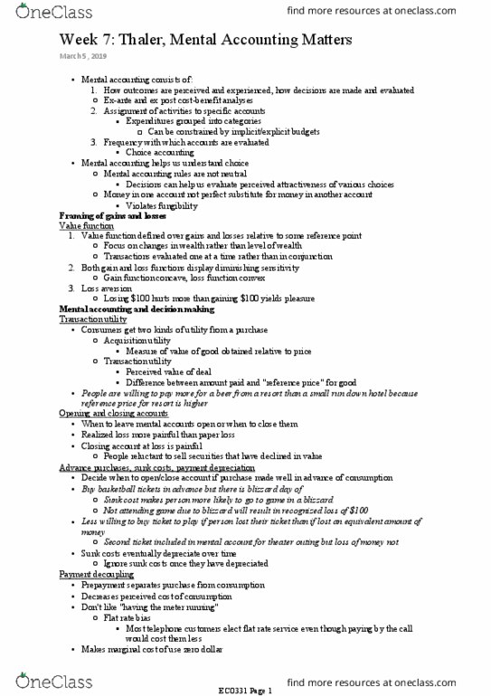 ECO331H1 Chapter Notes - Chapter Week 7: Mental Accounting, Sunk Costs, Flat Rate thumbnail