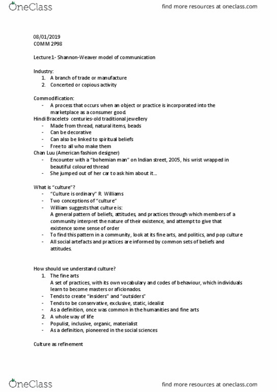 COMM 2P98 Lecture Notes - Lecture 1: Commodification, Final Good, Culture Industry thumbnail