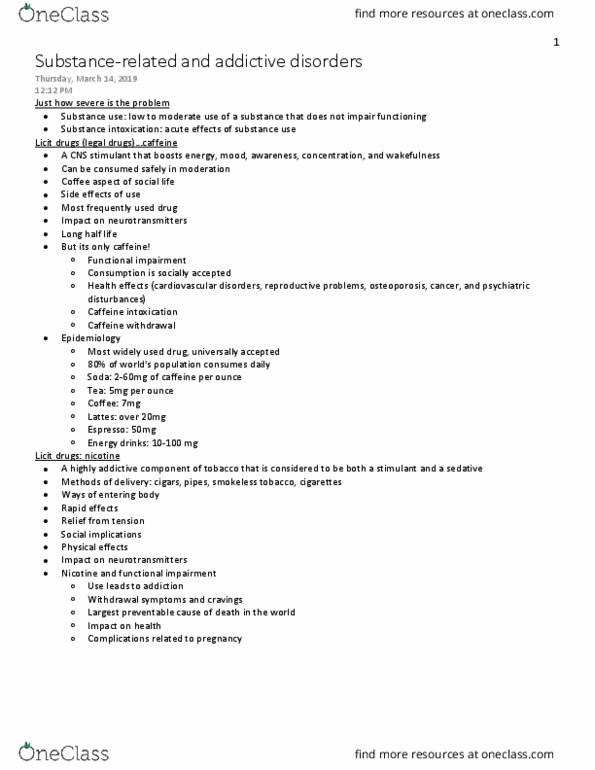 Psychology 2030A/B Lecture Notes - Lecture 9: Substance Intoxication, Caffeine, Nicotine thumbnail