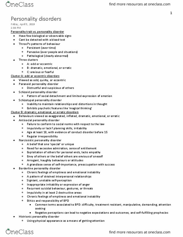 Psychology 2030A/B Lecture Notes - Lecture 10: Histrionic Personality Disorder, Schizoid Personality Disorder, Paranoid Personality Disorder thumbnail