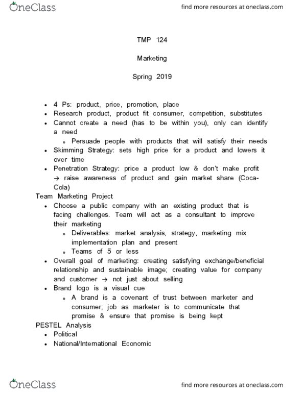 TMP 124 Lecture Notes - Lecture 1: Pest Analysis, Marketing Mix thumbnail