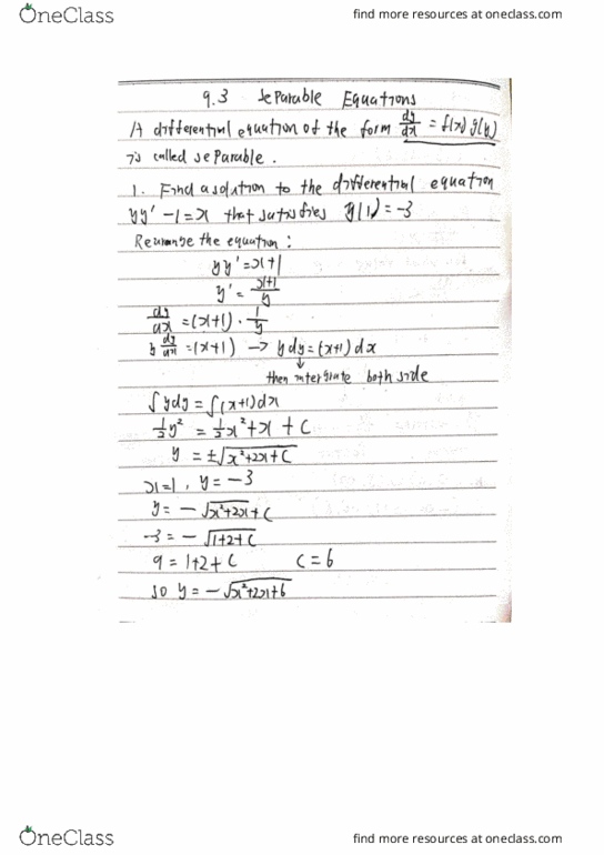 MATH 1132Q Lecture 11: Math 1132Q-030 Lecture 11 9.3 Separable equations cover image