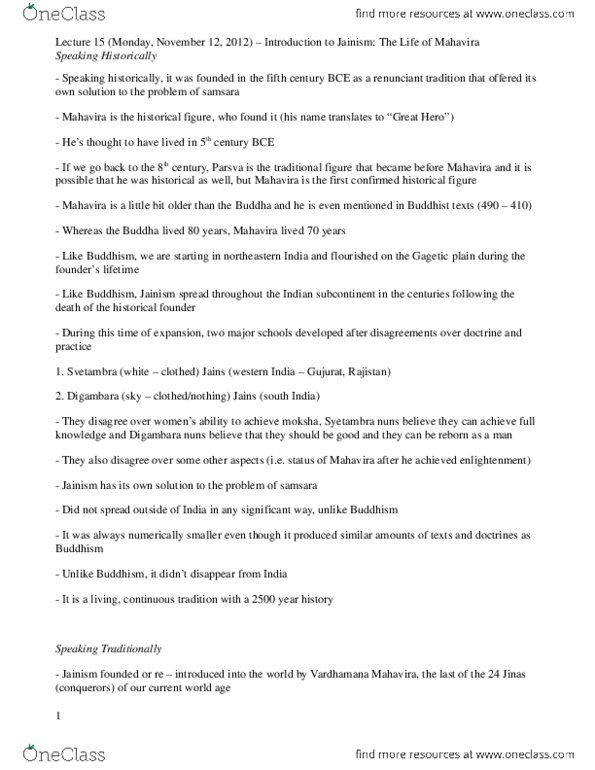 RELIGST 2I03 Lecture Notes - Lecture 15: Rajasthan, Bahubali, Digambara thumbnail