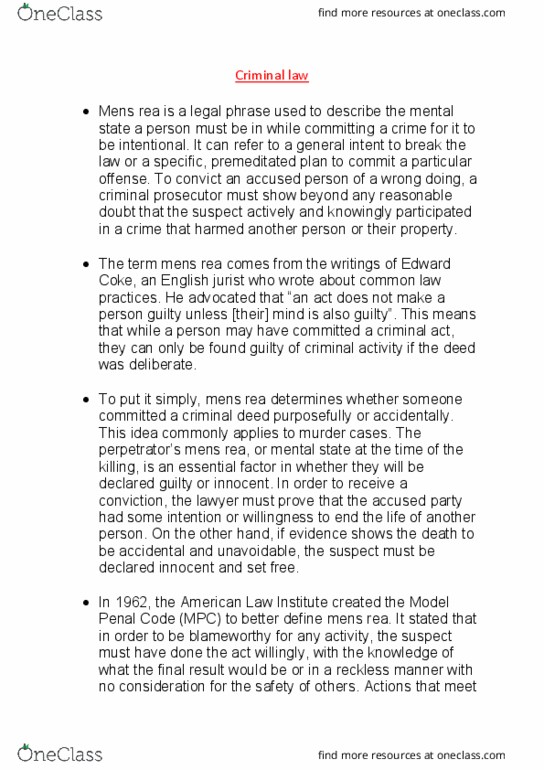 200010 Lecture Notes - Lecture 9: Model Penal Code, American Law Institute, Mens Rea thumbnail
