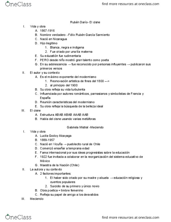 SPANISH 25 Chapter Notes - Chapter la poesía : Gabriela Mistral, Modernismo, Adolescencia thumbnail