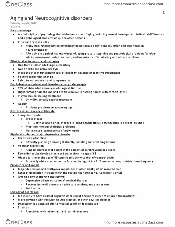 Psychology 2030A/B Lecture Notes - Lecture 12: Dsm-5, Bipolar Disorder, Cerebrovascular Disease thumbnail