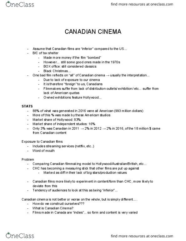 Film Studies 1022 Lecture Notes - Lecture 20: Tax Shelter, Independent Film, Canadian Content thumbnail