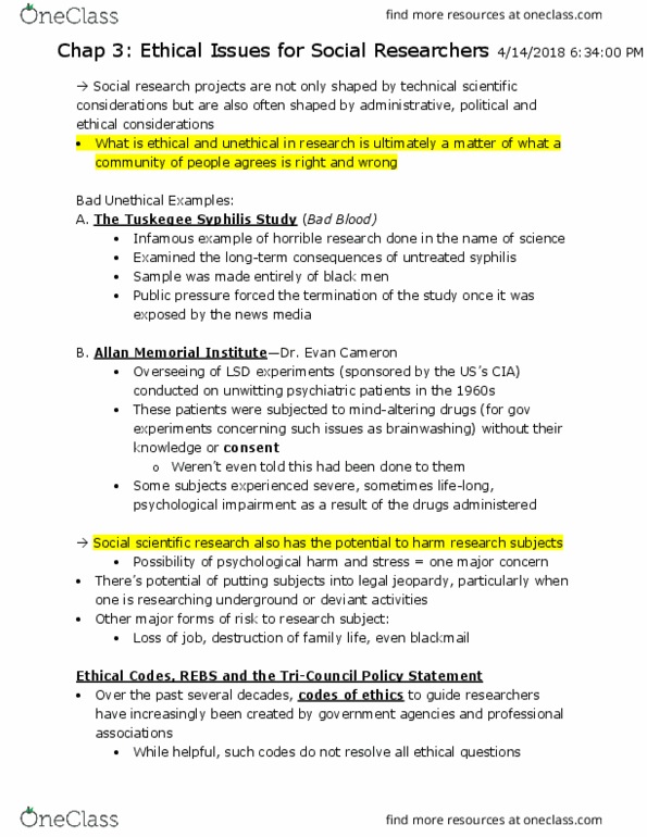 SOCI 211 Chapter Notes - Chapter 3: Mind Control, Syphilis, Revised Version thumbnail