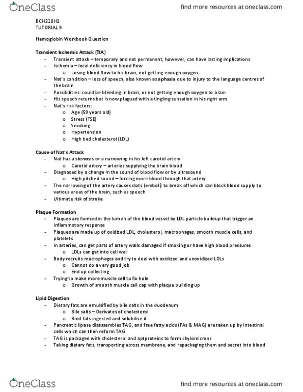 BCH210H1 Lecture Notes - Lecture 9: Transient Ischemic Attack, Bile Acid, Low-Density Lipoprotein thumbnail