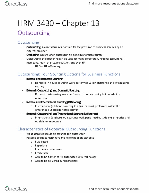 HRM 3430 Chapter Notes - Chapter 13: Offshoring, Transaction Time, Customer Satisfaction thumbnail