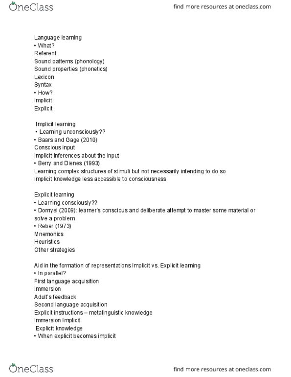 BCS 153 Lecture Notes - Lecture 30: Second-Language Acquisition, Implicit Learning, Explicit Knowledge thumbnail