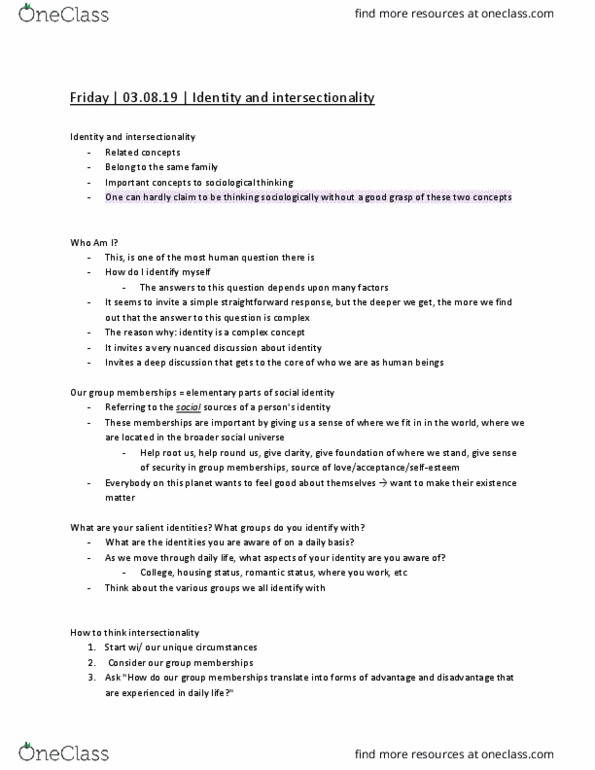 SOCIOL 1 Lecture Notes - Lecture 24: Intersectionality, Social Exclusion, Identity Politics thumbnail