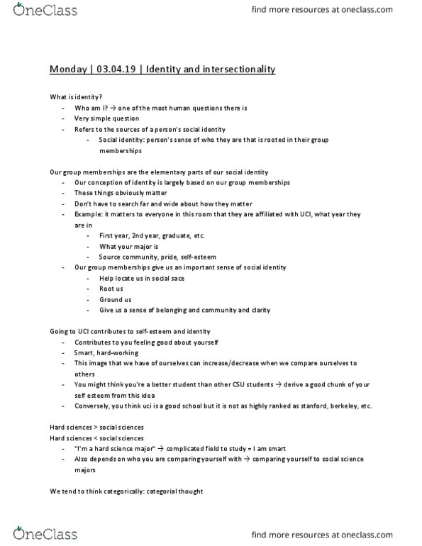 SOCIOL 1 Lecture Notes - Lecture 22: Intersectionality, Group Dynamics, Stereotype thumbnail