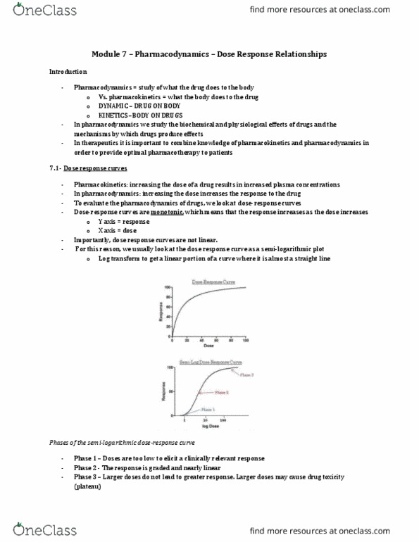 Pharmacology 2060A/B Lecture Notes - Lecture 7: Pharmacodynamics, Pharmacokinetics, Pharmacotherapy thumbnail