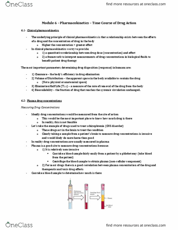 Pharmacology 2060A/B Lecture Notes - Lecture 6: Pharmacokinetics, Circulatory System, Bioavailability thumbnail