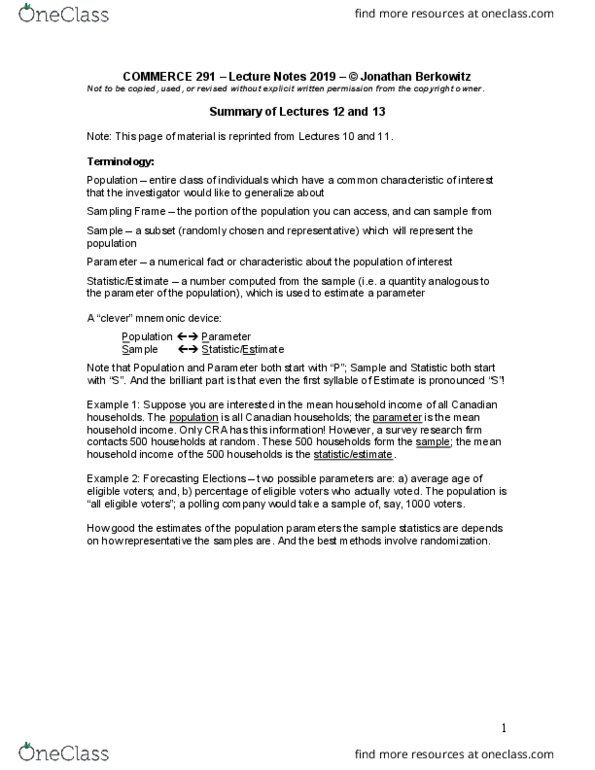 COMM 291 Lecture Notes - Lecture 3: Sampling Distribution, Mnemonic, Statistical Parameter thumbnail